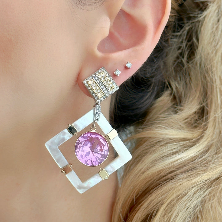 14K Gold Square Mother Pearl, Pink Topaz and Diamonds Earring Pendants