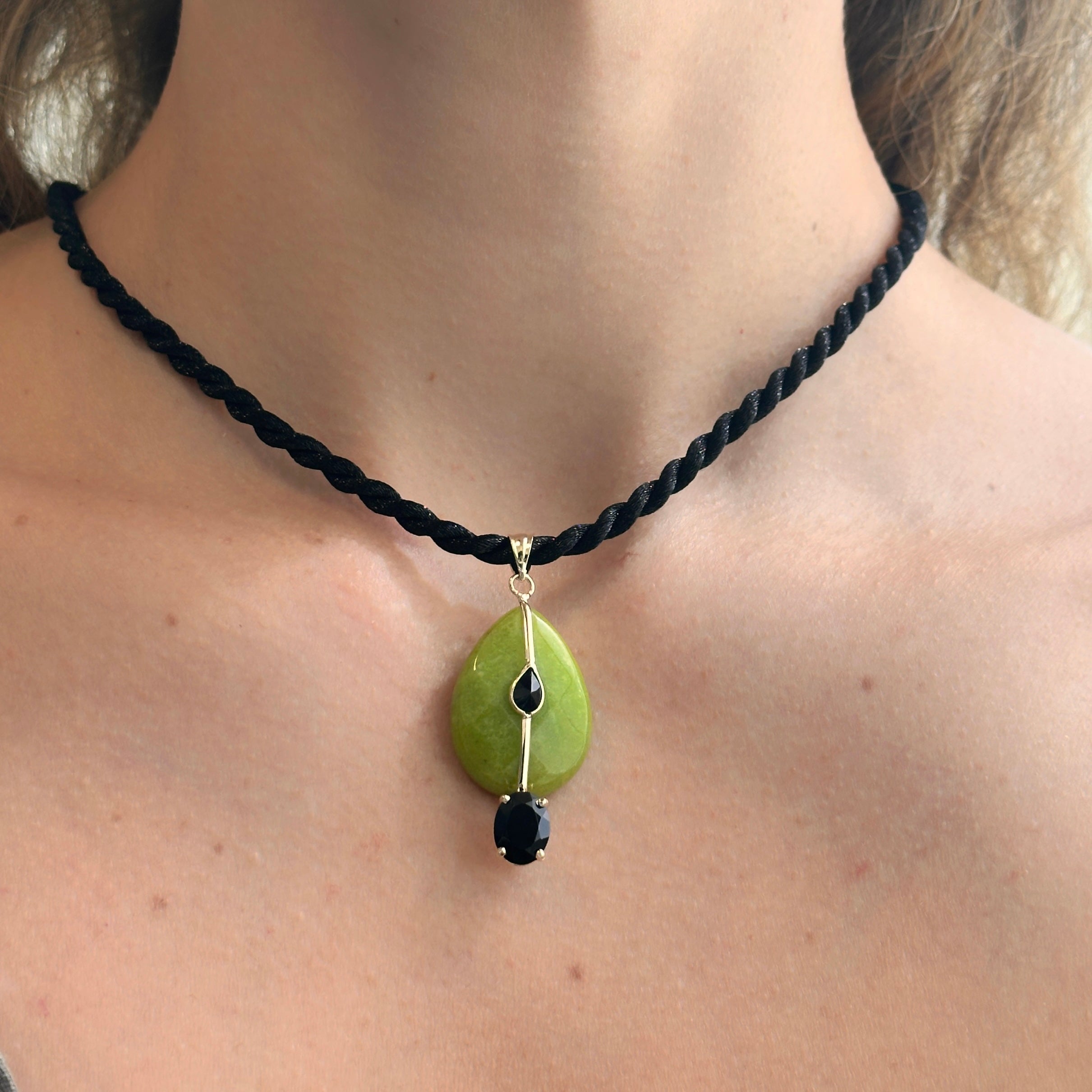14K Gold, Green Quartz and Black Onyx Charm