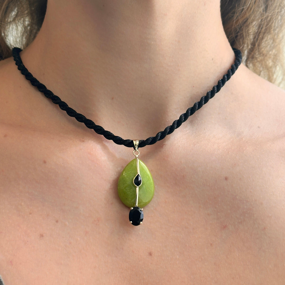 14K Gold, Green Quartz and Black Onyx Charm