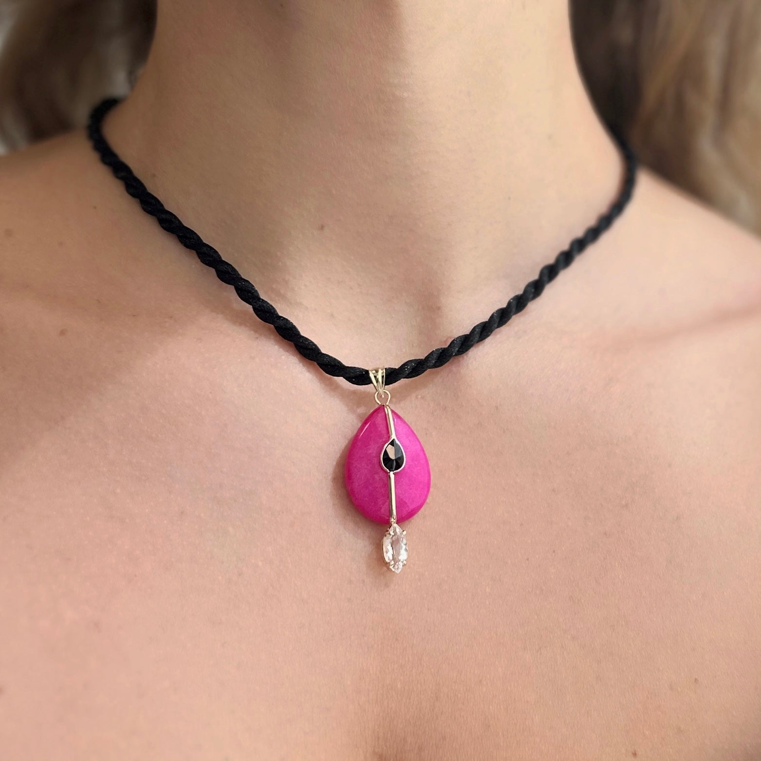 14K Gold Pink Quartz, White Topaz and Black Onyx Charm