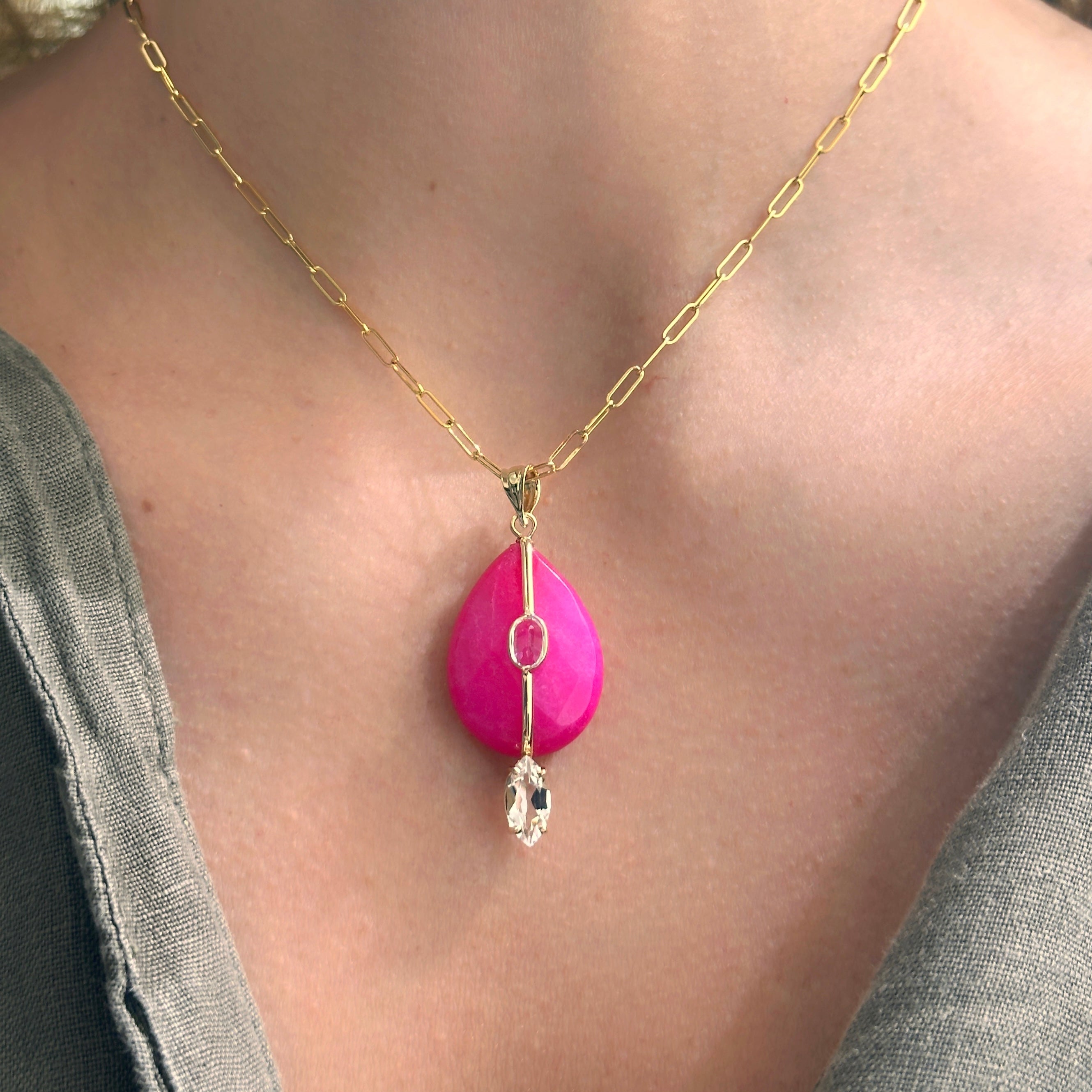 14K Gold Pink Quartz and White Topaz Charm