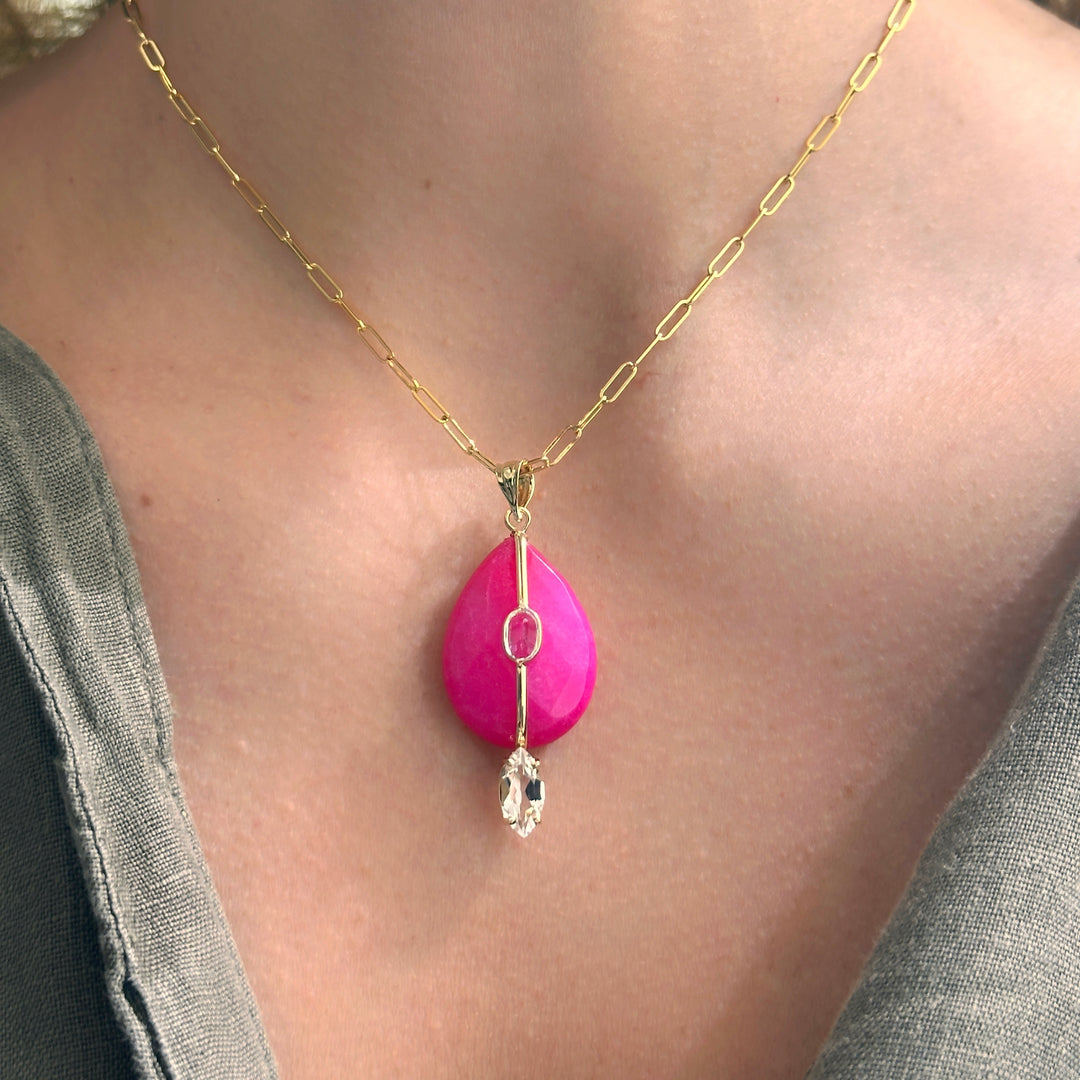 14K Gold Pink Quartz and White Topaz Charm