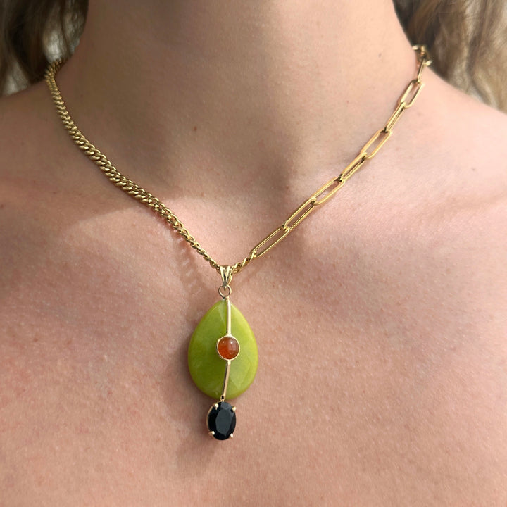14K Gold Green Quartz, Carnelian and Black Onyx Charm