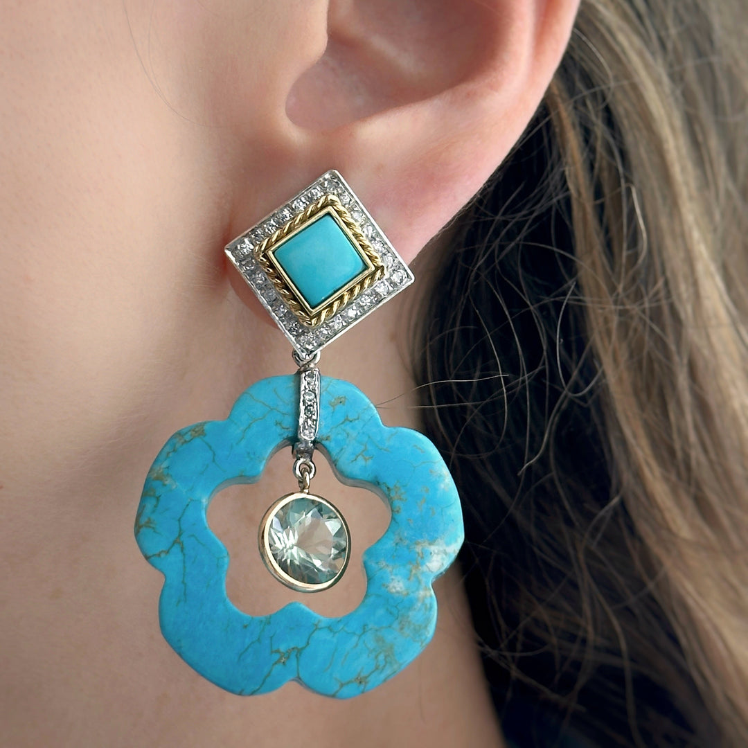 14K Gold Turquoise Dangling Flower Earring Pendants