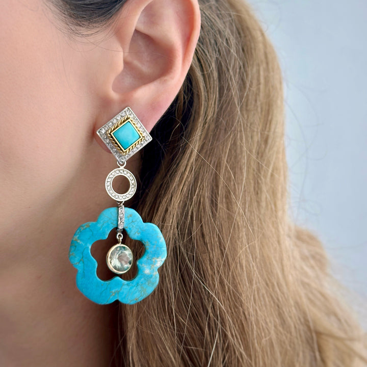 14K Gold Turquoise Dangling Flower Earring Pendants