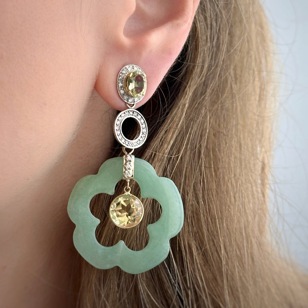 14K Gold Green Aventurine Dangling Flower Earring Pendants