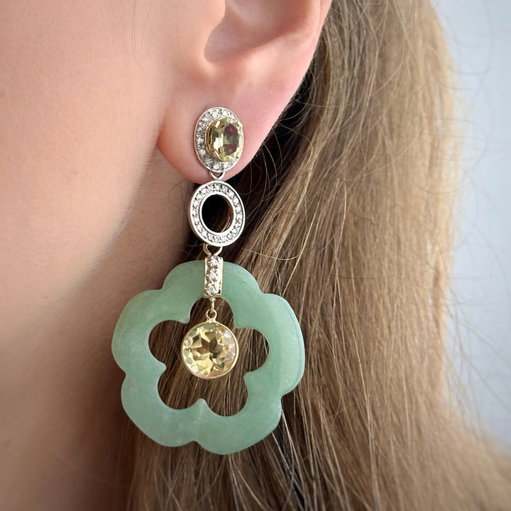 14K Gold Green Aventurine Dangling Flower Earring Pendants