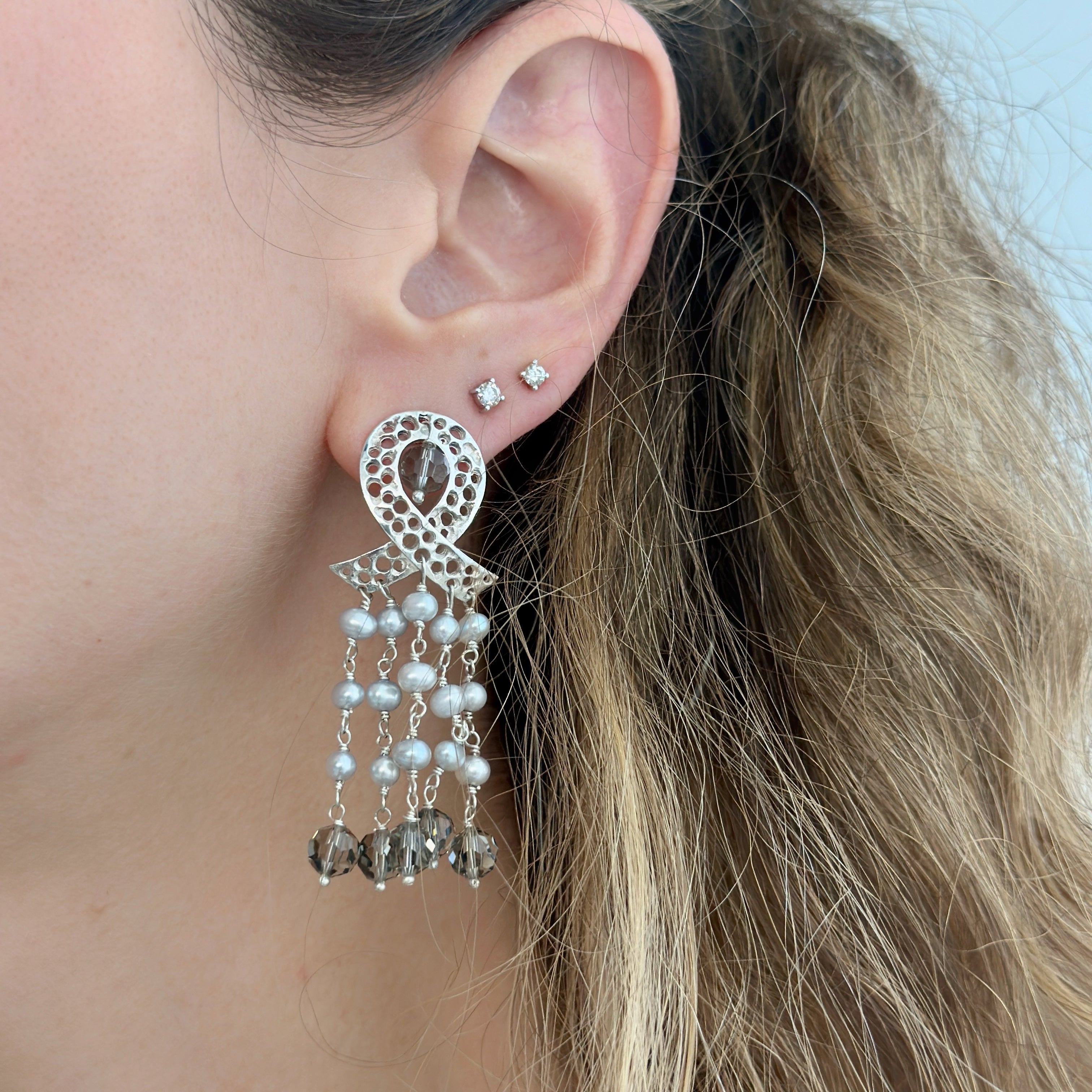 925 Sterling Silver Ribbon, Braided Pearls and Smoky Quartz Swarovski Cascade Earrings