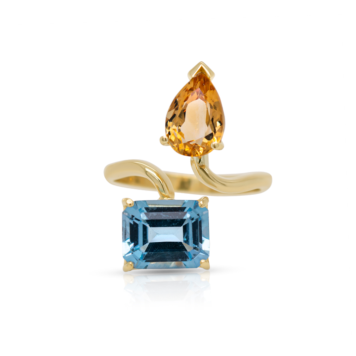 14K Yellow Gold Citrine Drop, Blue Topaz Emerald Cut Gemstones Adjustable Ring