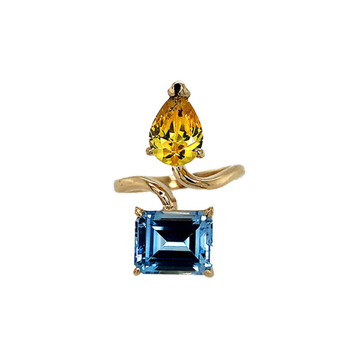 Adjustable Two Points Drop and Emerald cut Gemstones Ring ( Blue, Yellow Topaz)