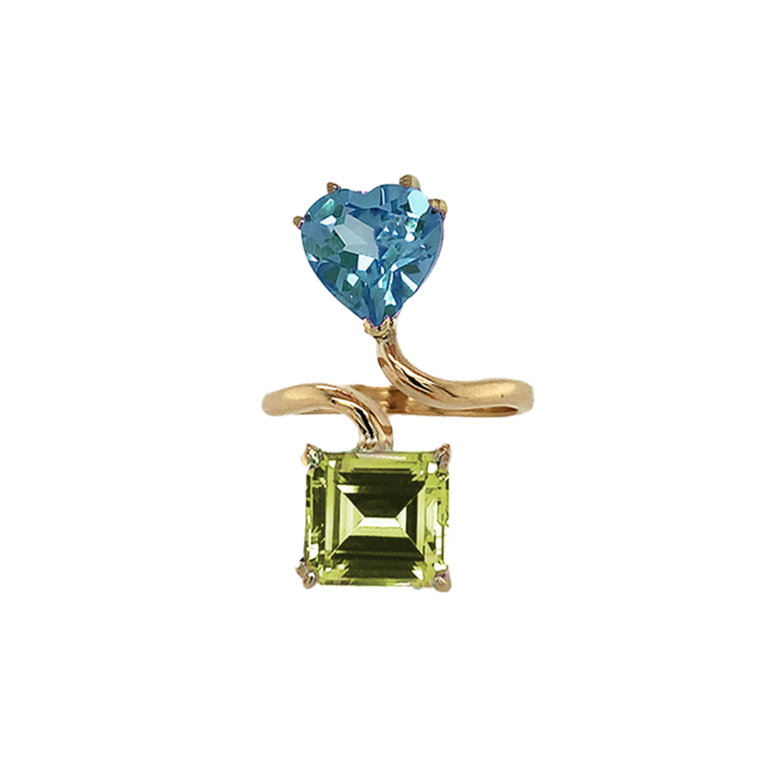 14K Yellow Gold Blue Topaz Heart and Peridot Princess Cut Gemstones Adjustable Ring