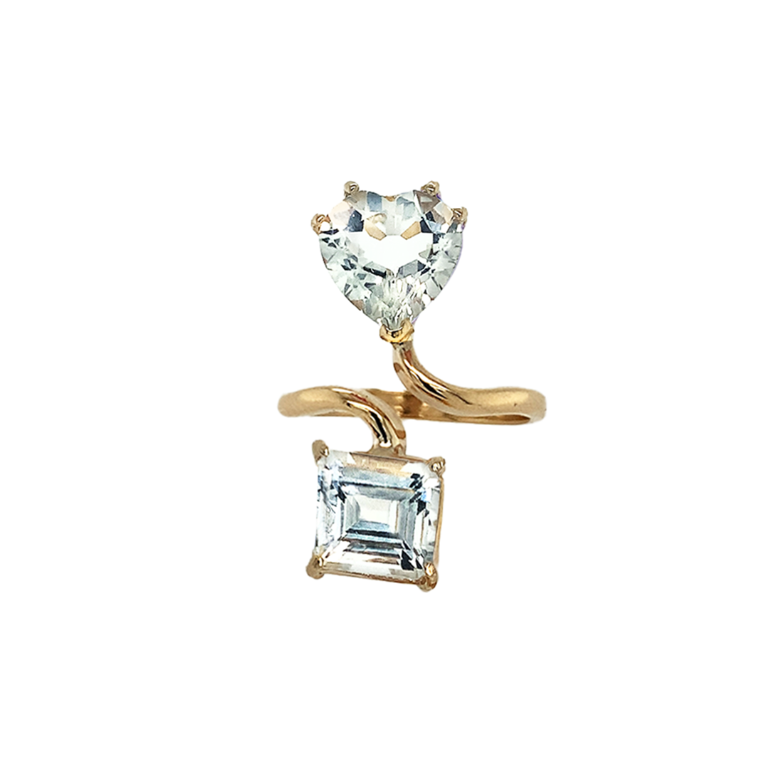 14K Yellow Gold White Heart and Princess Cut Gemstones Adjustable Ring