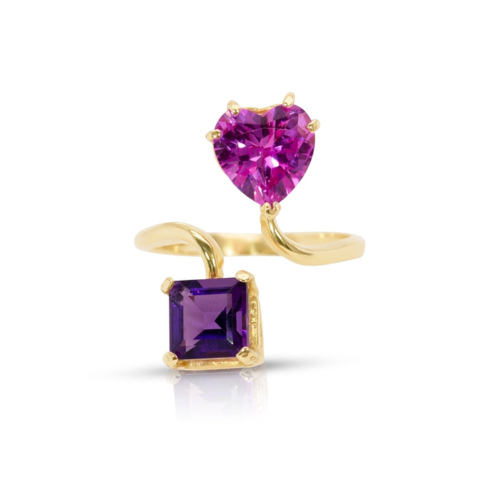 14K Yellow Gold Pink Heart and Amethyst Princess Cut Gemstones Adjustable Ring