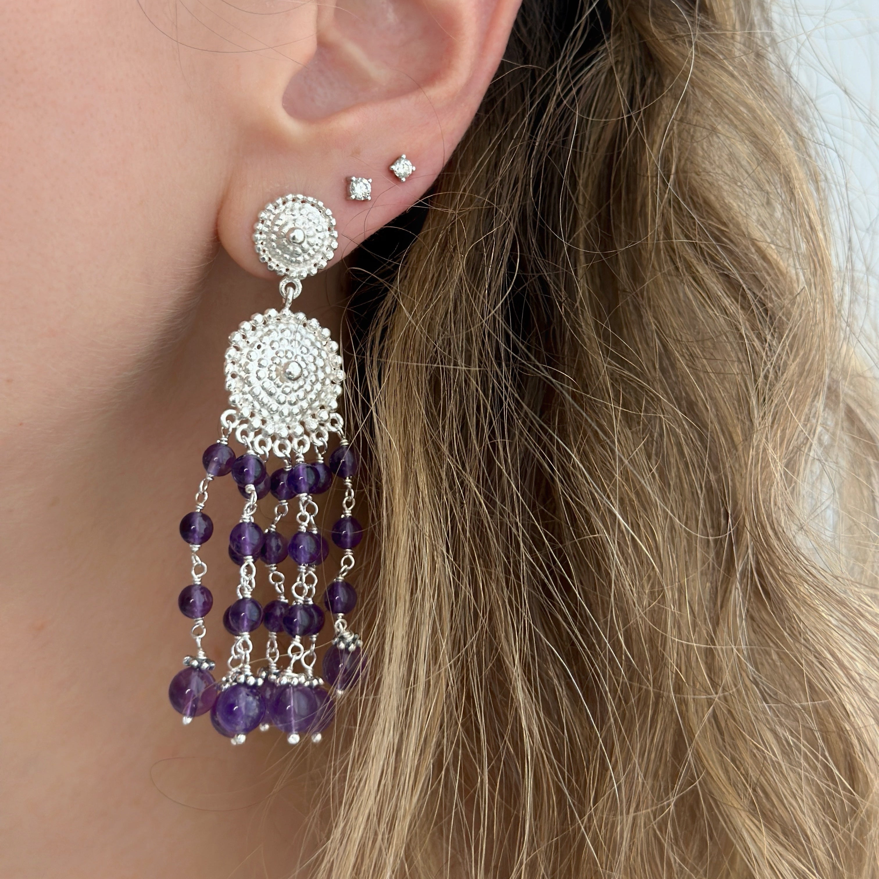 925 Sterling Silver Medallion and Amethyst Braided Beads Cascade Earrings