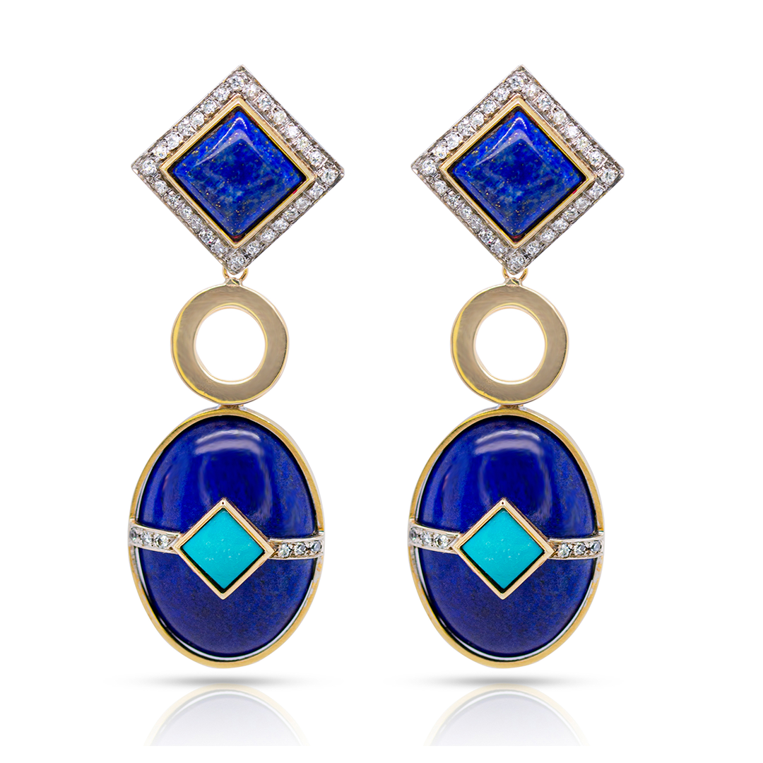 18K Gold, Blue Lapis, Turquoise and Diamonds Earring Pendants
