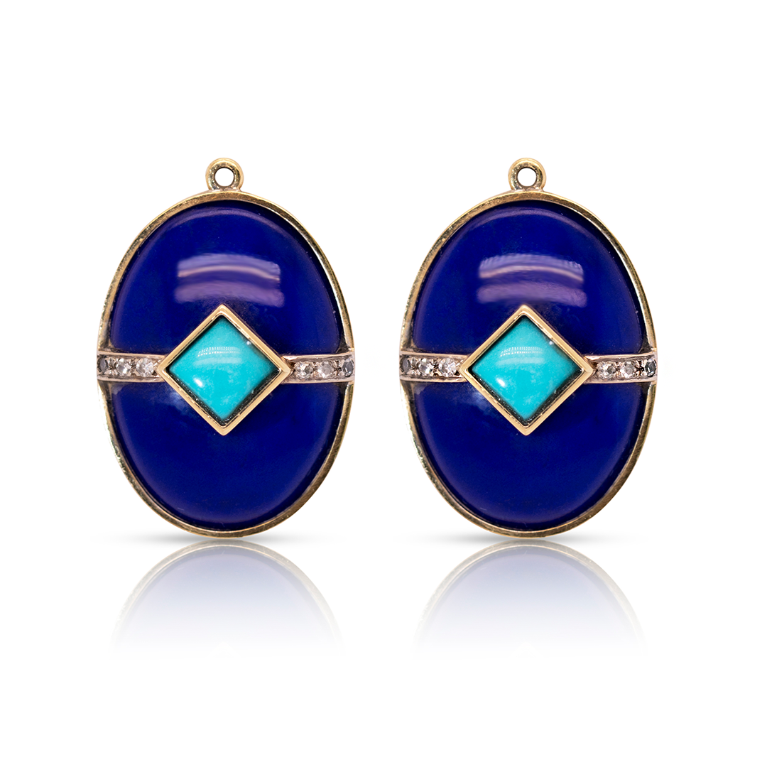 18K Gold, Blue Lapis, Turquoise and Diamonds Earring Pendants