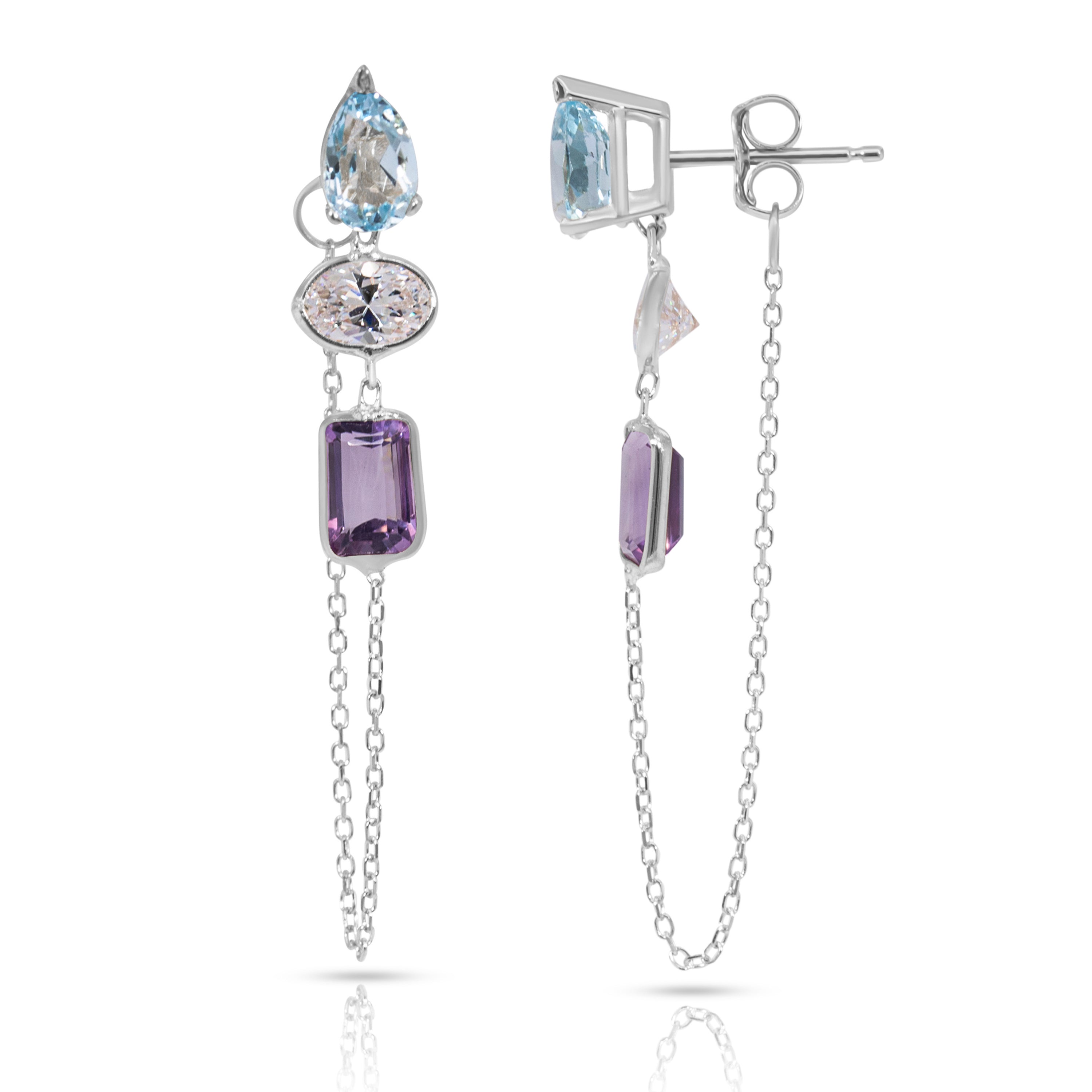 14K White Gold Drop, Oval And Emerald Cut Blue Topaz, White And Amethyst Gemstones Chain Studs