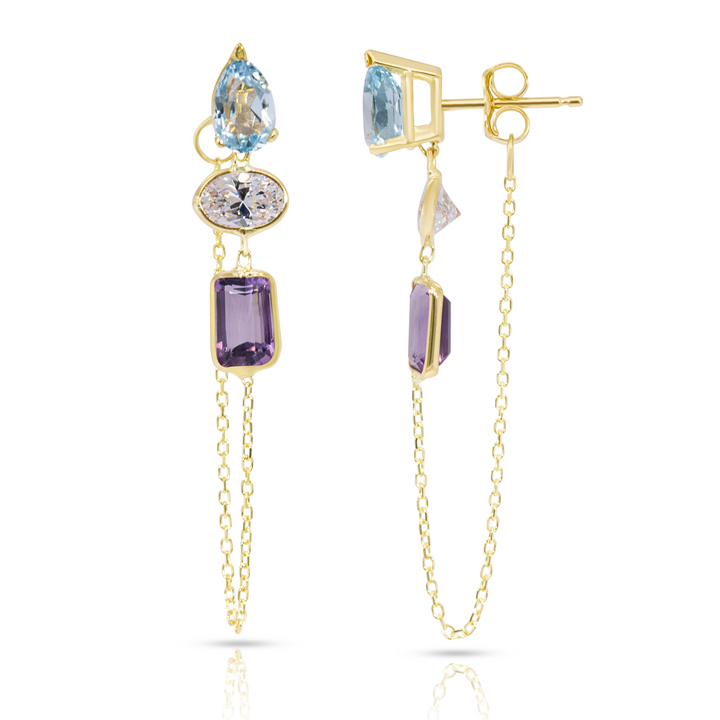14K Yellow Gold Drop, Oval And Emerald Cut Blue Topaz, White And Amethyst Gemstones Chain Studs