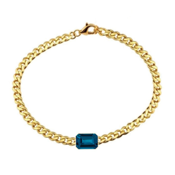 14K Yellow Gold Bezel Emerald Cut London Blue Topaz Cuban Chain Bracelet