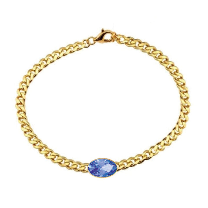 14K Yellow Gold Bezel Oval Cut Tanzanite Cuban Chain Bracelet