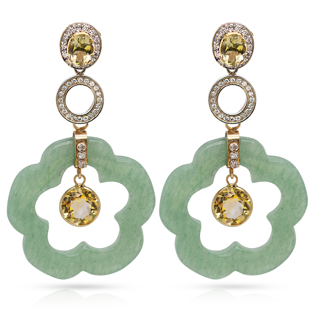 14K Gold Green Aventurine Dangling Flower Earring Pendants