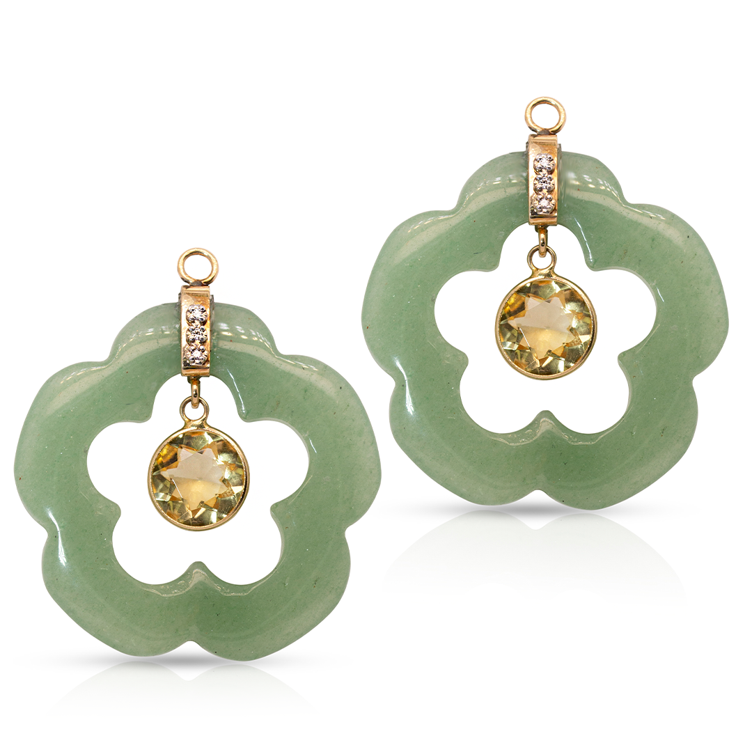 14K Gold Green Aventurine Dangling Flower Earring Pendants