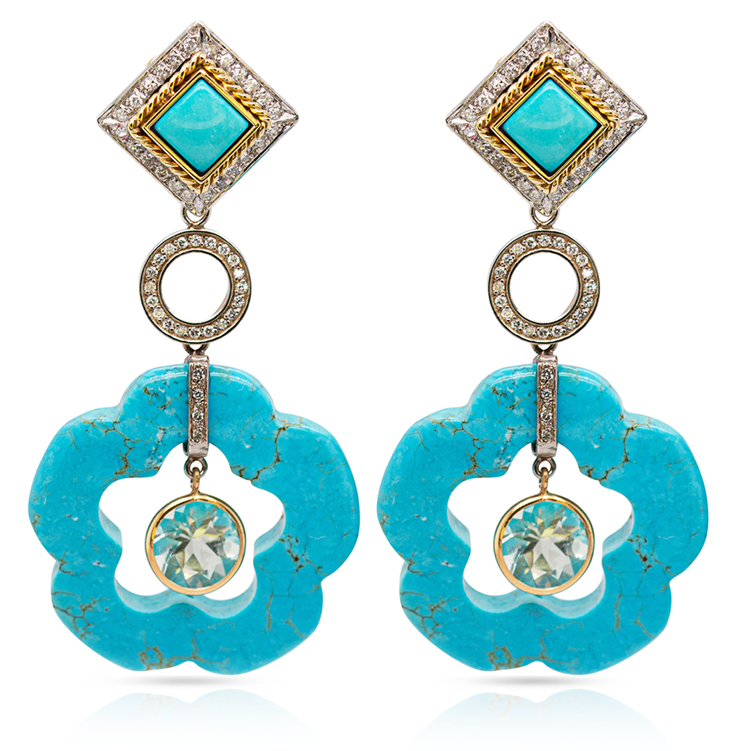 14K Gold Turquoise Dangling Flower Earring Pendants