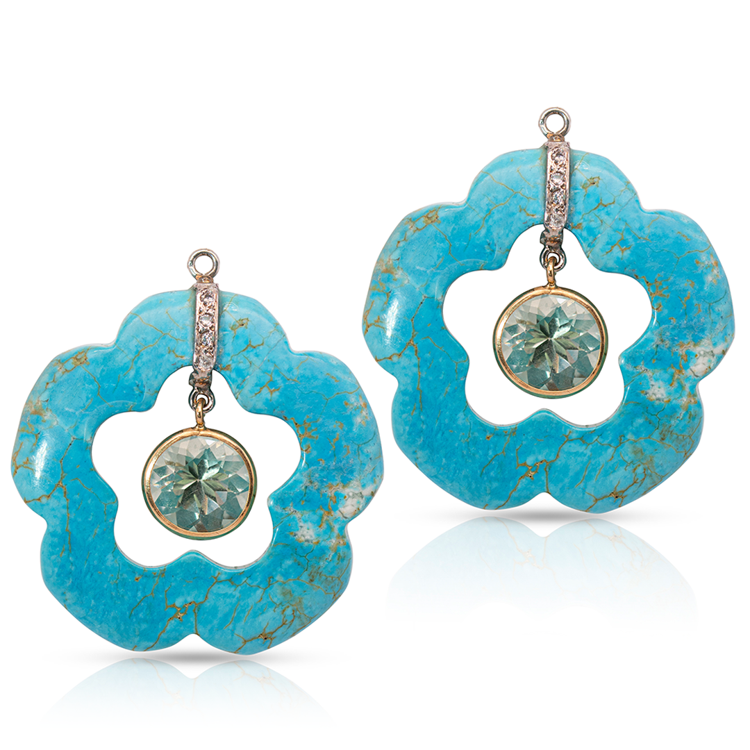 14K Gold Turquoise Dangling Flower Earring Pendants