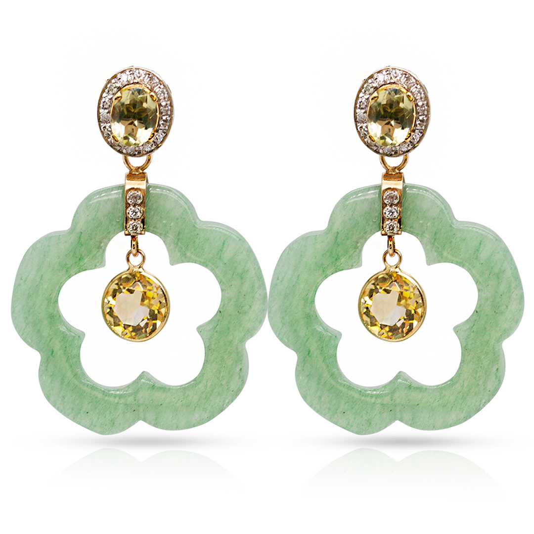 14K Gold Green Aventurine Dangling Flower Earring Pendants