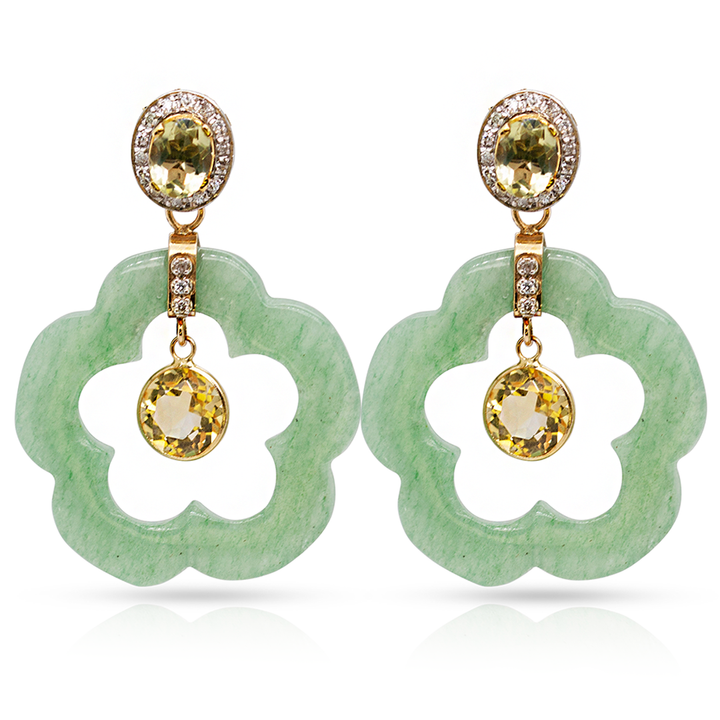 14K Gold Green Aventurine Dangling Flower Earring Pendants