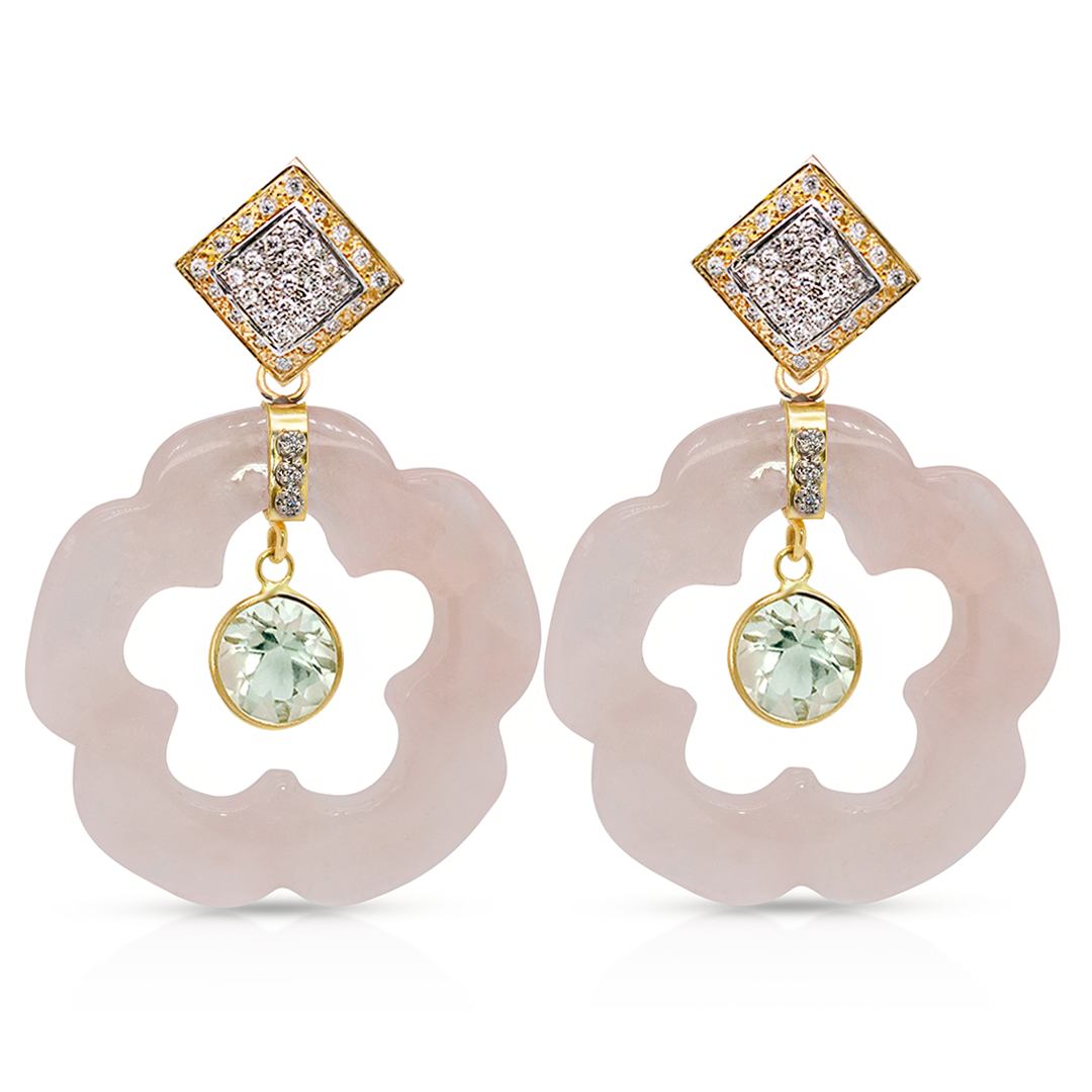 14K Gold Dangling Green Amethyst and Rose Quartz Flower Earring Pendants