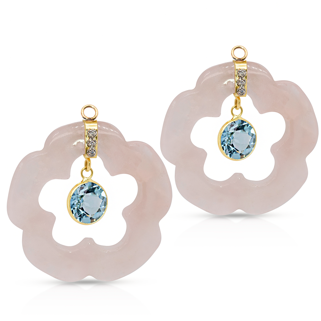 14K Gold Dangling Blue Topaz and Rose Quartz Flower Earring Pendants