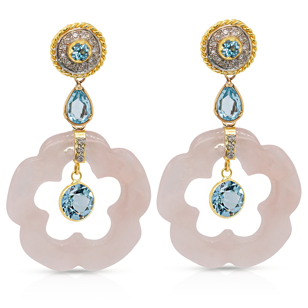 14K Gold Dangling Blue Topaz and Rose Quartz Flower Earring Pendants