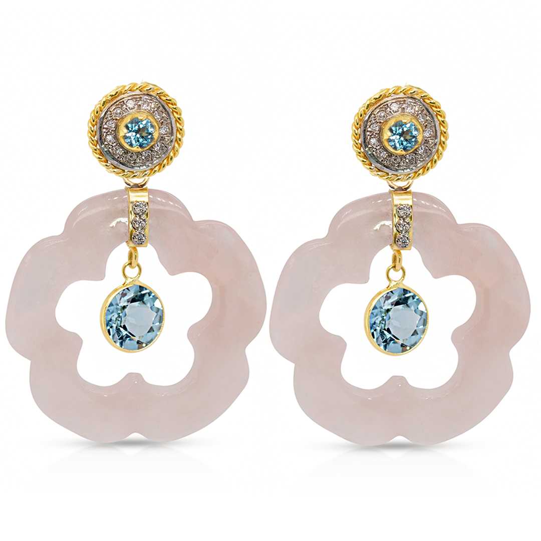 14K Gold Dangling Blue Topaz and Rose Quartz Flower Earring Pendants