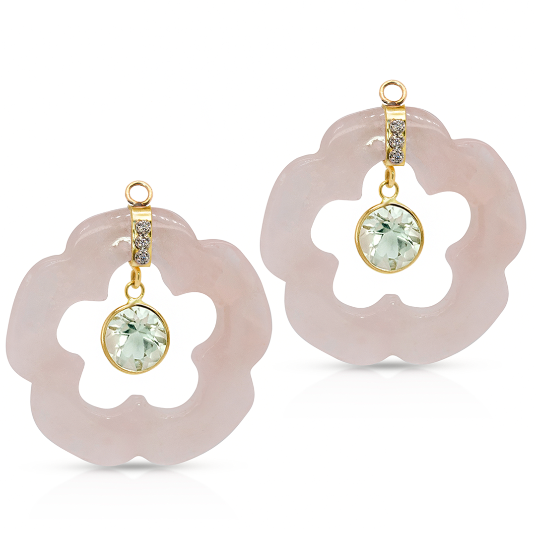 14K Gold Dangling Green Amethyst and Rose Quartz Flower Earring Pendants