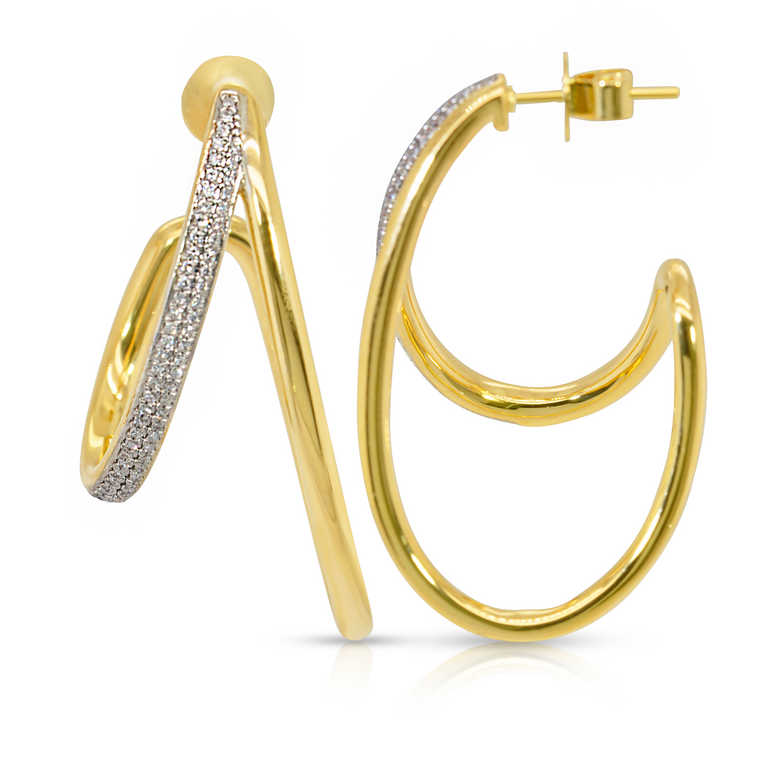 Gold and Diamond Pave Large Oval Double Hoops