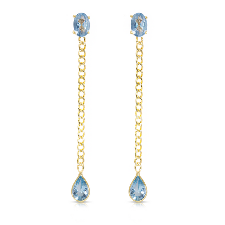 14K Yellow Gold Oval And Drop Blue Topaz Cuban Chain Earrings