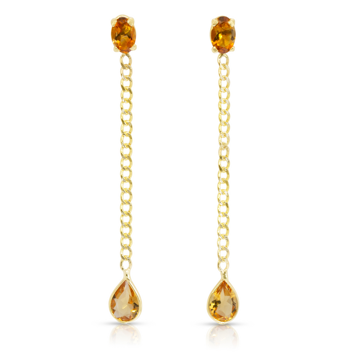 14K Yellow Gold Oval And Drop Citrine Cuban Chain Earrings