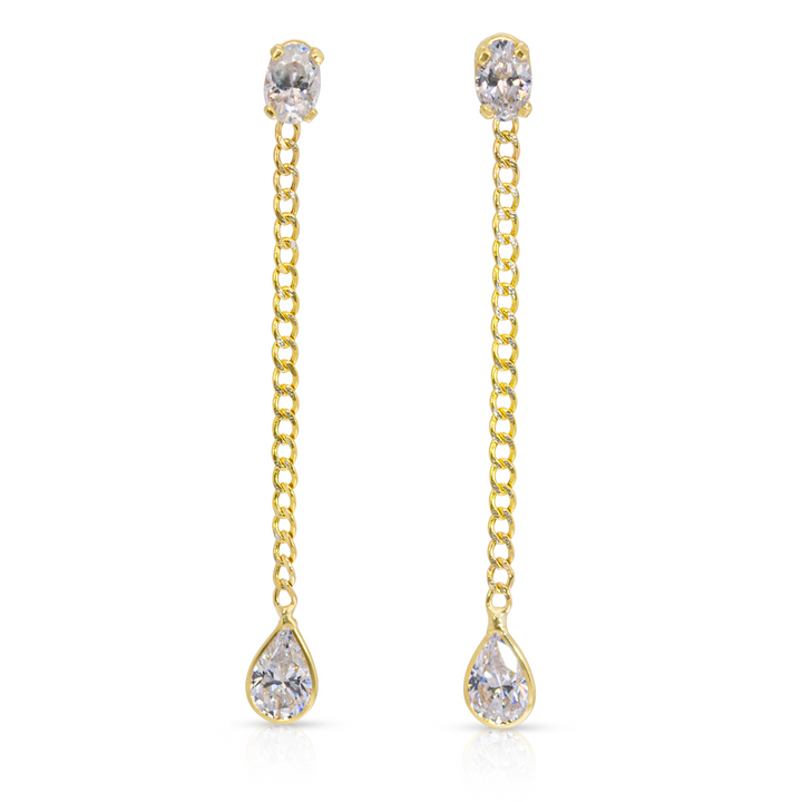 14K Yellow Gold Oval And Drop White Cuban Chain Earrings