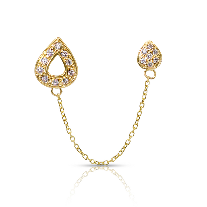 14K Gold Diamond Pave Drop Chain Double Studs