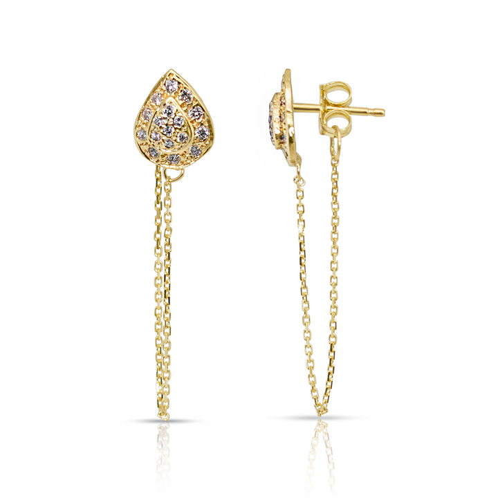 14K Gold Diamond Pave Drop Chain Earring Studs