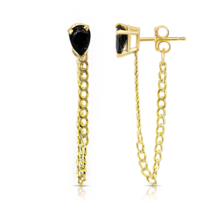 14K Yellow Gold Single Drop Black Onyx Gemstone Cuban Chain Earrings