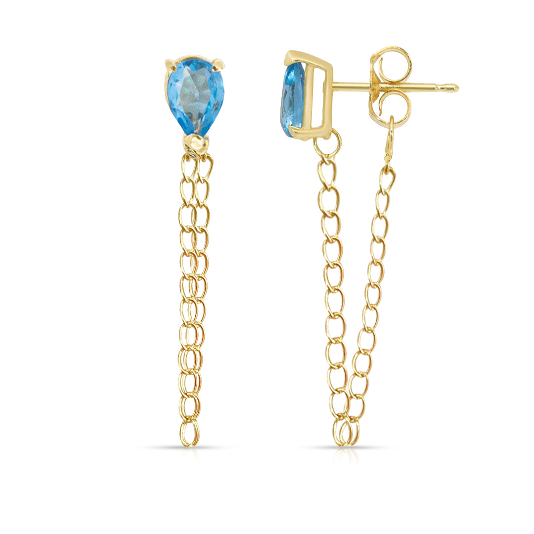 Single Drop Blue Topaz Gemstone Cuban Chain Earrings