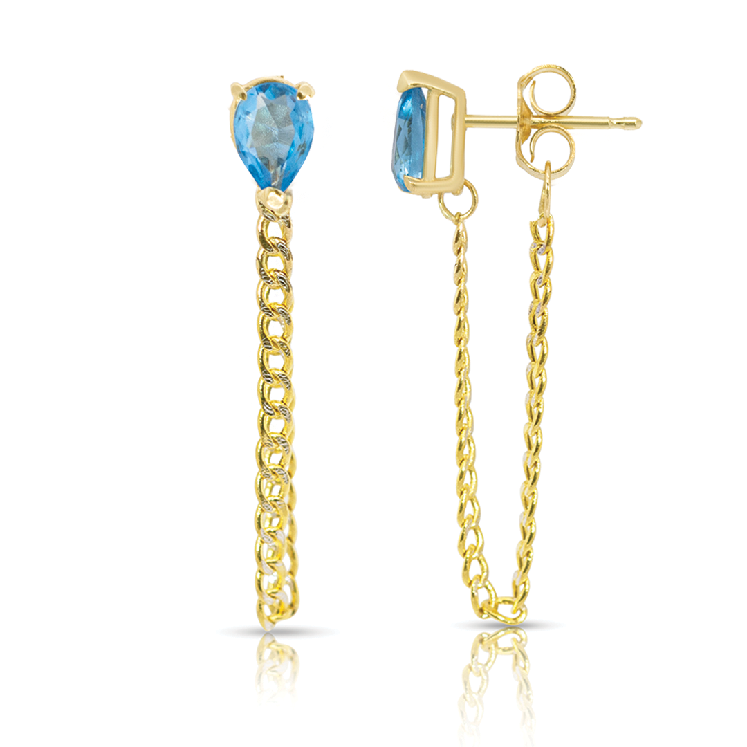 14K Yellow Gold Single Drop Blue Topaz Gemstone Cuban Chain Earrings