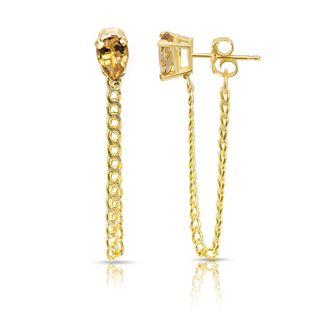 14K Yellow Gold Single Drop Citrine Gemstone Cuban Chain Earrings