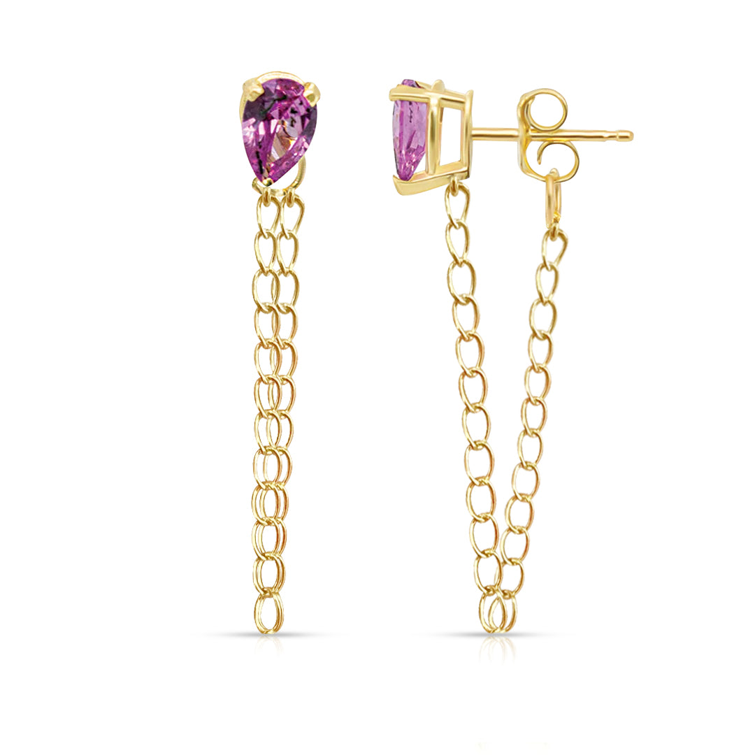Single Drop Pink Gemstone Cuban Chain Earrings