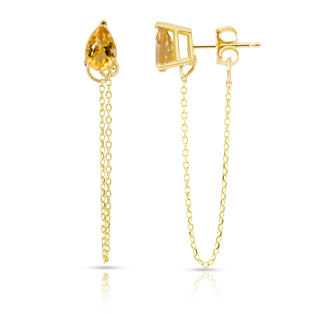 14K Yellow Gold Single Drop Citrine Gemstone Chain Studs Earrings