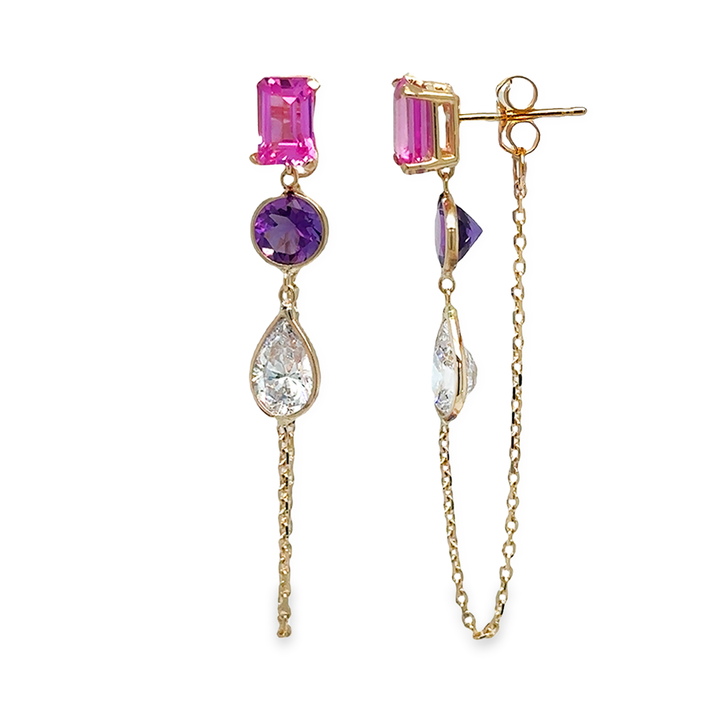 14K Yellow Gold Emerald, Round And Drop Cut Pink, Amethyst And White Gemstones Chain Studs