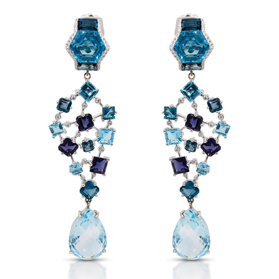 18K Gold Geometric blue gemstones and diamonds detachable earrings
