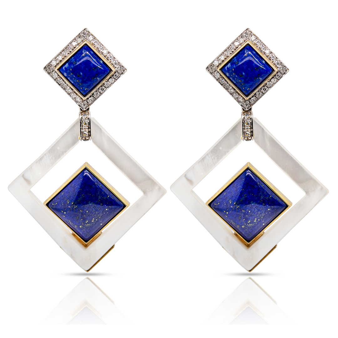 18K Gold Geometric Mother Pearl, Blue Lapis and Diamonds Earring Pendants